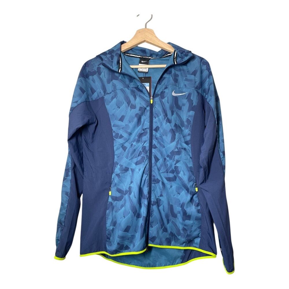Nike Running Jacket Blue Print Size Medium Womens Windbreaker Hooded Zip Pockets